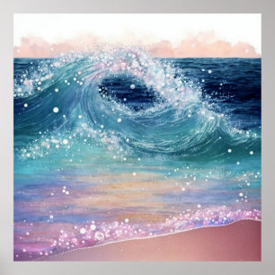 *~* AP60 Coastal Sea Ocean Wave Sand Beach Glitter Poster