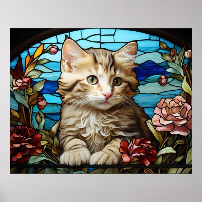 *~* AP68 5:4 Cat Feline Kitty Kitten Stained Glass Poster (Front)
