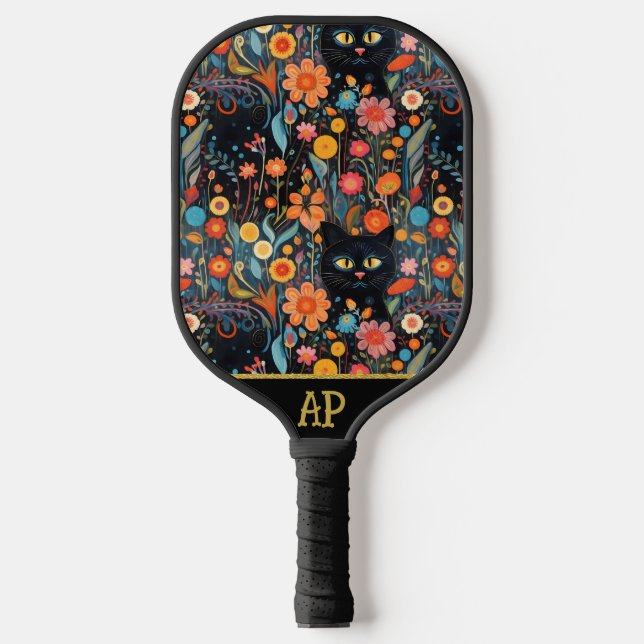 *~* AP68 Floral Whimsical Quirky Cat PHOTO 1 Pickleball Paddle (Front)