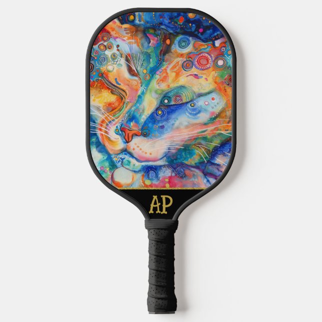 *~* AP68 Whimsical Quirky Cat Vibrant Colourful 7 Pickleball Paddle (Front)