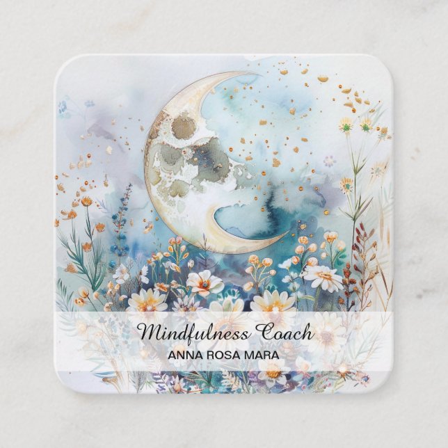 *~* AP70 Ethereal Full Moon Flowers QR Floral Square Business Card (Front)