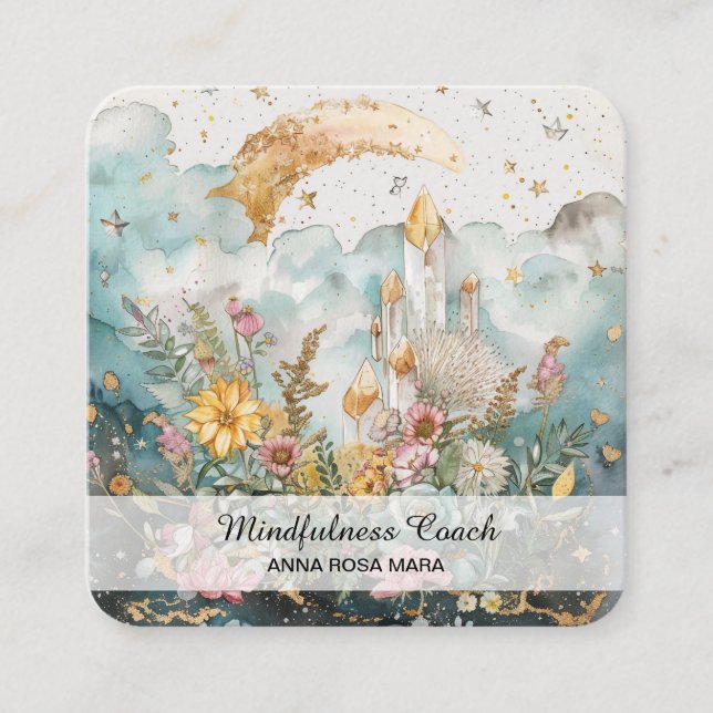 *~* AP70 Ethereal Rising Moon Flowers QR Floral Square Business Card (Front)