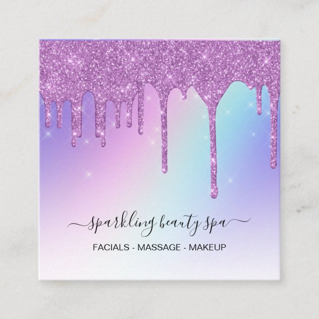 *~* AP7 PASTEL Rainbow Drips GLITTER Purple Square Business Card (Front)