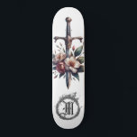 *~* AP88 Fire Mediaeval Sword Floral Floral Skateboard<br><div class="desc">(Search code AP88 to find similar items ) Easily Transfer to other Zazzle Products. WHITE background Skateboard with LAVENDER FLOWERS MEDIEVAL SWORD for dragon slayers with FLOWERS / FLORAL elements and with RING of FIRE / FLAMES / FLAME and Letter , INITIAL MONOGRAM for your name - Keep or edit...</div>