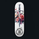 *~* AP88 Fire Mediaeval Sword Flower Floral Skateboard<br><div class="desc">(Search code AP88 to find similar items ) Easily Transfer to other Zazzle Products. WHITE background Skateboard. MEDIEVAL SWORD for dragon slayers with FLOWERS / FLORAL elements and with RING of FIRE / FLAMES / FLAME and Letter , INITIAL MONOGRAM for your name - Keep or edit or delete the...</div>