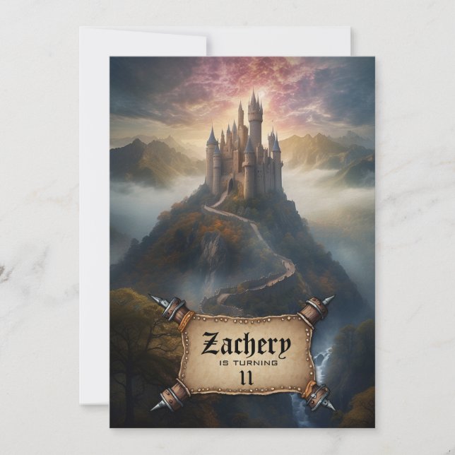 *~* AP88 Mountain Castle Mediaeval Fantasy Birthda Invitation (Front)