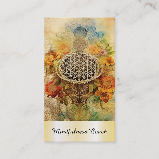 *~* AP92 Yoga QR Gold Flower of Life Reiki Sacred Business Card (Front)