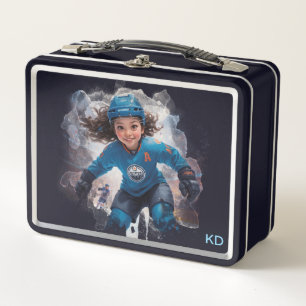 *~* AP94   Ice Hockey Girl Player Cute Initials Metal Lunch Box