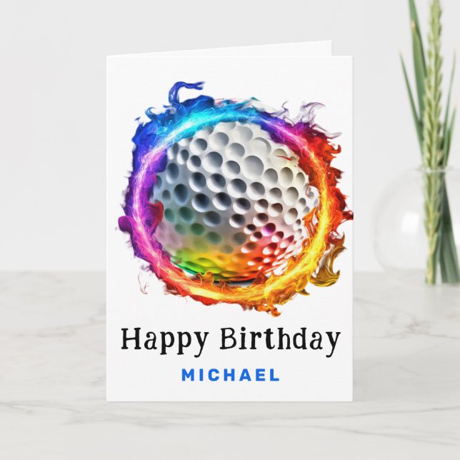 *~* AP94 Ring Rainbow Fire Golf Ball Birthday Card (Front)