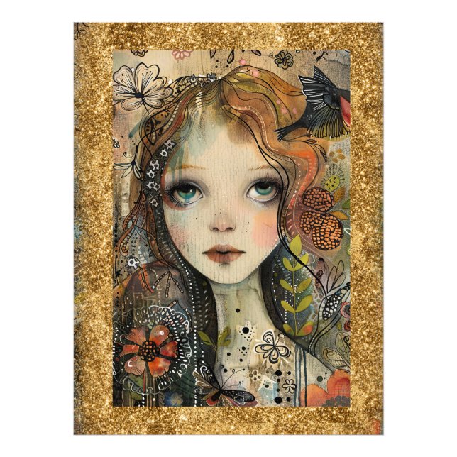 *~  AP95 Whimsical Woman Gold  Glitter Floral Photo Print (Front)