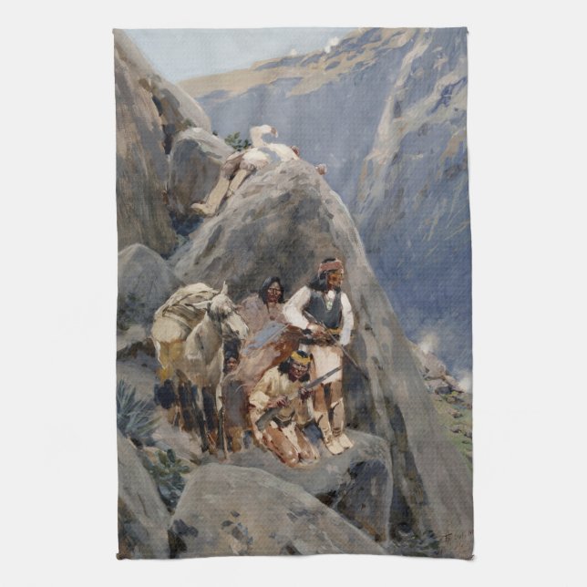 Apache Warriors: Ambush on American Cavalry Tea Towel (Vertical)