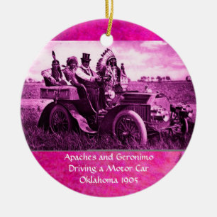 APACHES AND GERONIMO DRIVING A MOTOR CAR CERAMIC TREE DECORATION