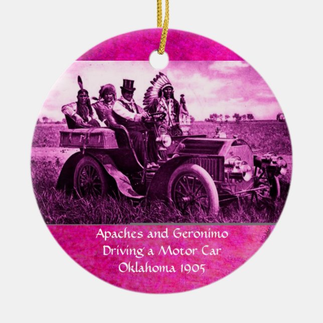 APACHES AND GERONIMO DRIVING A MOTOR CAR CERAMIC TREE DECORATION (Front)