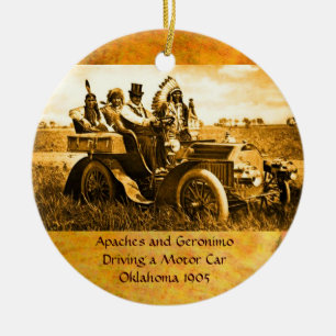 APACHES AND GERONIMO DRIVING A MOTOR CAR CERAMIC TREE DECORATION