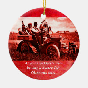 APACHES AND GERONIMO DRIVING A MOTOR CAR CERAMIC TREE DECORATION