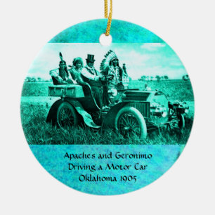 APACHES AND GERONIMO DRIVING A MOTOR CAR CERAMIC TREE DECORATION
