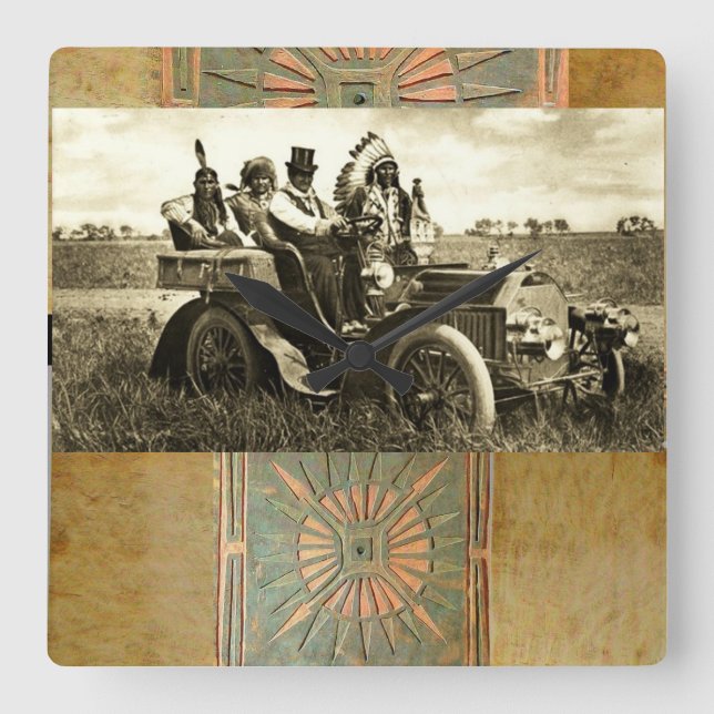 APACHES AND GERONIMO DRIVING A MOTOR CAR SQUARE WALL CLOCK (Front)
