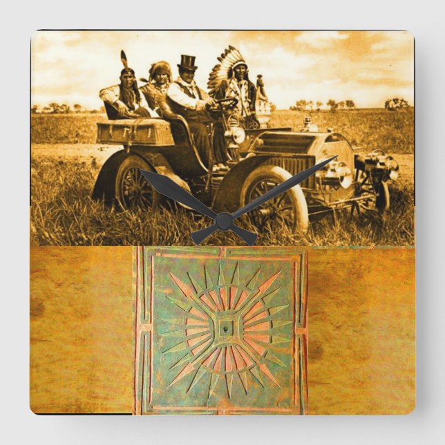APACHES AND GERONIMO DRIVING A MOTOR CAR SQUARE WALL CLOCK (Front)