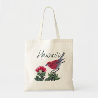 Apapane & Lehua Blossom Hawaii Nature Illustration Tote Bag