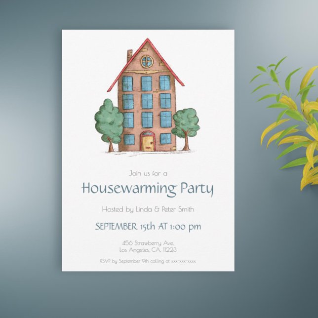 Apartment Building & Trees New Home  Invitation (Cute housewarming party invitation with an illustration of a building and some trees)