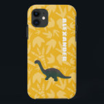 Apatosaurus Toy Dinosaur Green and Yellow iPhone 11 Case<br><div class="desc">Create a personalised gift that's perfect for dinosaur fans young and old. This cell or mobile phone case features a photo of a plastic toy apatosaurus dinosaur in green with rust red accents set against a bright yellow background featuring a pattern of fossils of dinosaur footprints. Add your own name...</div>