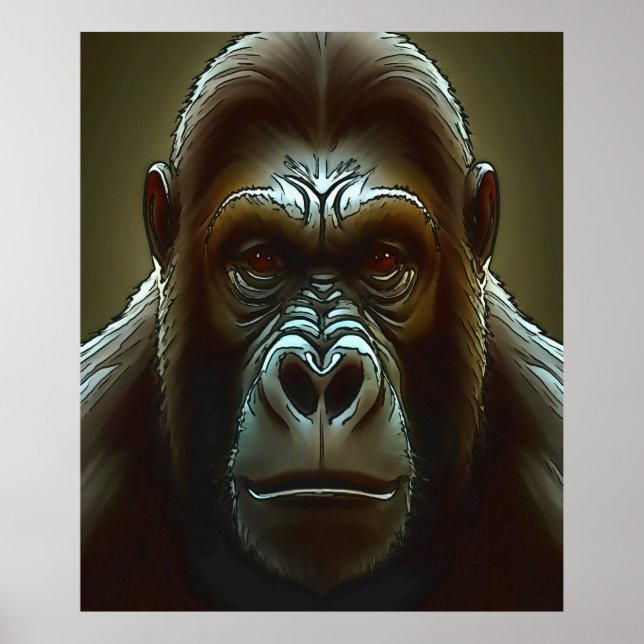 Ape Mountain Gorilla Fun Face Black Outline Art Poster (Front)