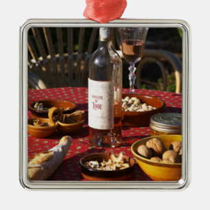 Aperitif and appetizers prepared: bread, olives, metal tree decoration