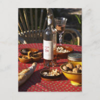 Aperitif and appetizers prepared: bread, olives,