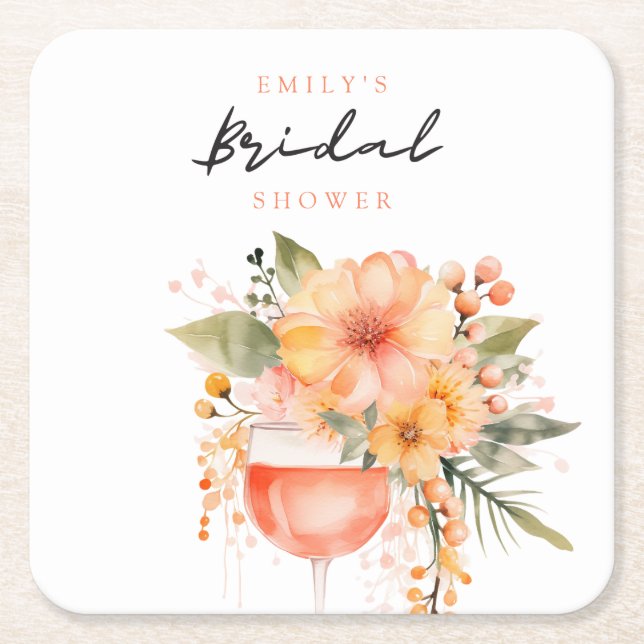 Aperol Spritz Floral Bridal Shower Square Paper Coaster (Front)