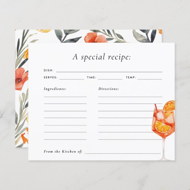 Aperol Spritz Floral Watercolor Bridal Recipe Card (Front/Back)