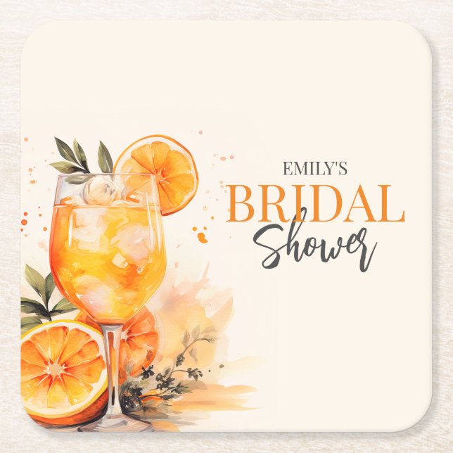 Aperol Spritz Watercolor Bridal Shower Square Paper Coaster (Front)