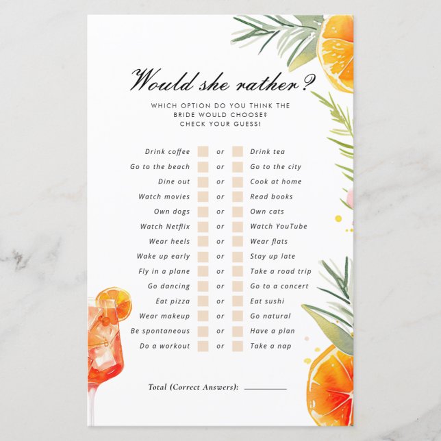 Aperol Spritz Would She Rather Bridal Shower Game (Front)