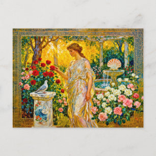 Aphrodite in Rose Garden with Fountain, Shell and  Postcard