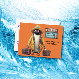 Apil fools day penguin with suitcases  postcard