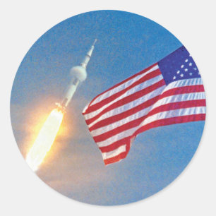 Apollo 11 launch with American Flag Classic Round Sticker