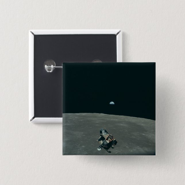 Apollo Lunar Lander and Earthrise Over Moon     15 Cm Square Badge (Front & Back)