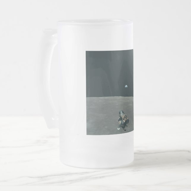 Apollo Lunar Lander and Earthrise Over Moon     Frosted Glass Beer Mug (Front Left)