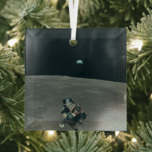 Apollo Lunar Lander and Earthrise Over Moon Glass Tree Decoration