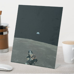 Apollo Lunar Lander and Earthrise Over Moon     Pedestal Sign