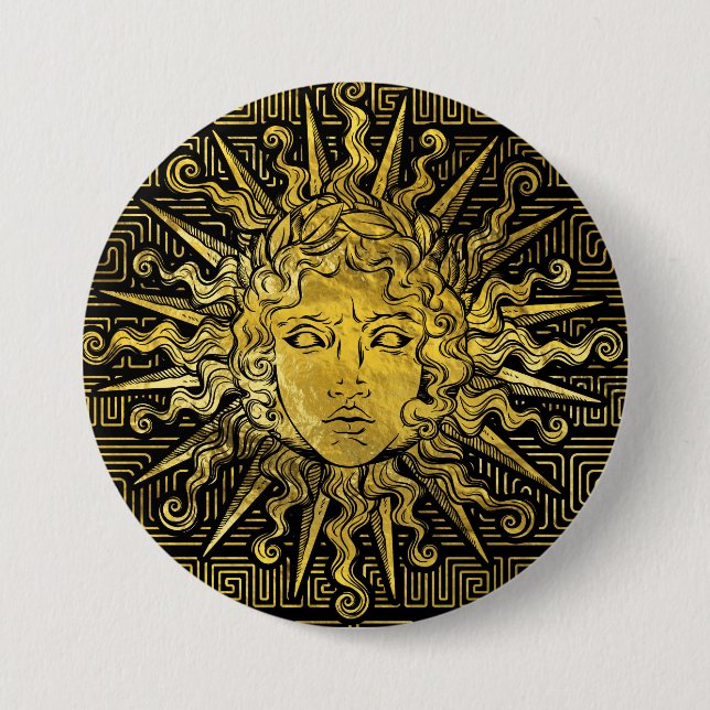 Apollo Sun Symbol on Greek Key Pattern 7.5 Cm Round Badge (Front)