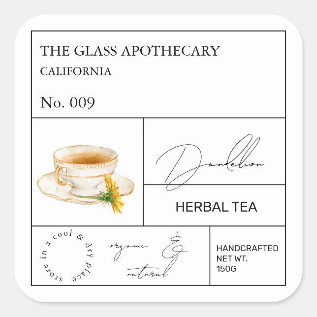 Apothecary Dandelion Herbal Tea  Label (Front)