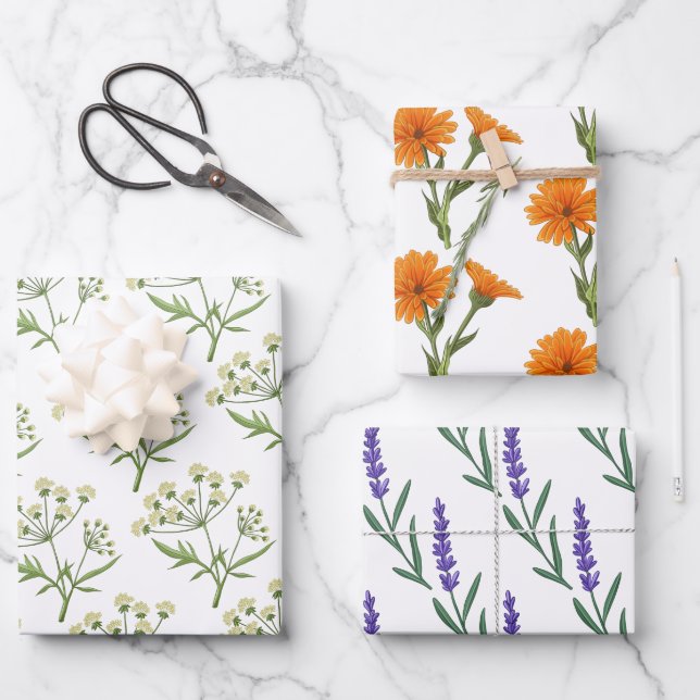 Apothecary Herb Wrapping Paper Flat Sheet Set of 3 (Front)