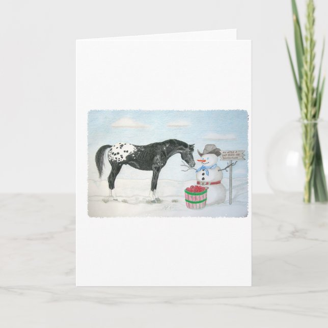 Appaloosa horse with snowman, rectangular holiday card (Front)