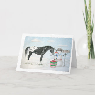 Appaloosa horse with snowman, rectangular holiday card