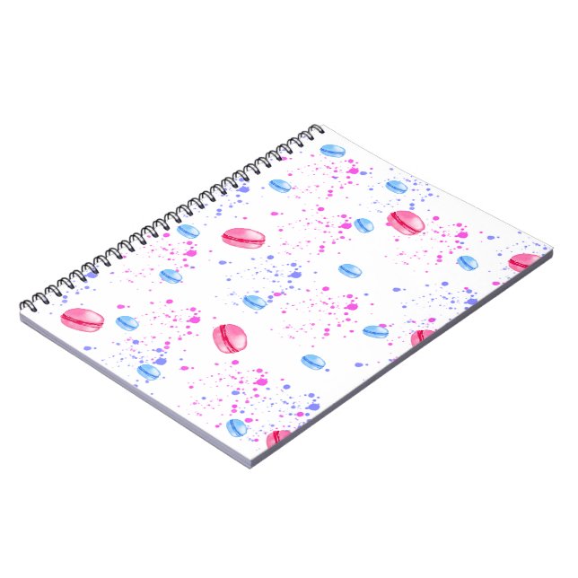 Appetizing macarons in watercolor splatters notebook (Left Side)