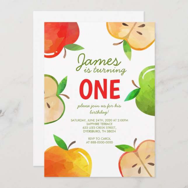 Apple 1st Birthday Bushel Of Fun Birthday Invitation (Front/Back)
