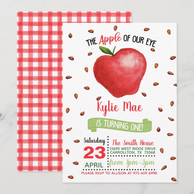 Apple 1st Birthday Invitation - Apple of Our Eye (Front/Back)