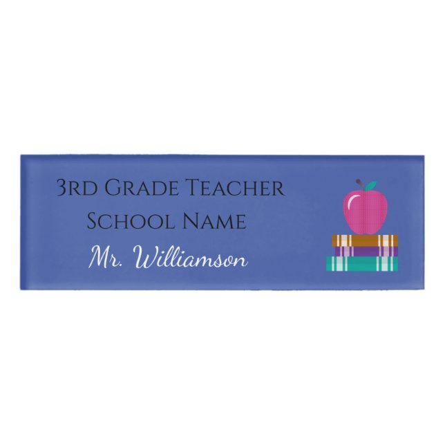 Apple and Book Teacher Blue Name Tag (Front)