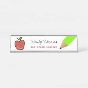 Apple And Green Pencil  School Teacher Classroom Desk Name Plate