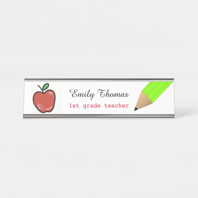 Apple And Green Pencil  School Teacher Classroom Desk Name Plate (Front)